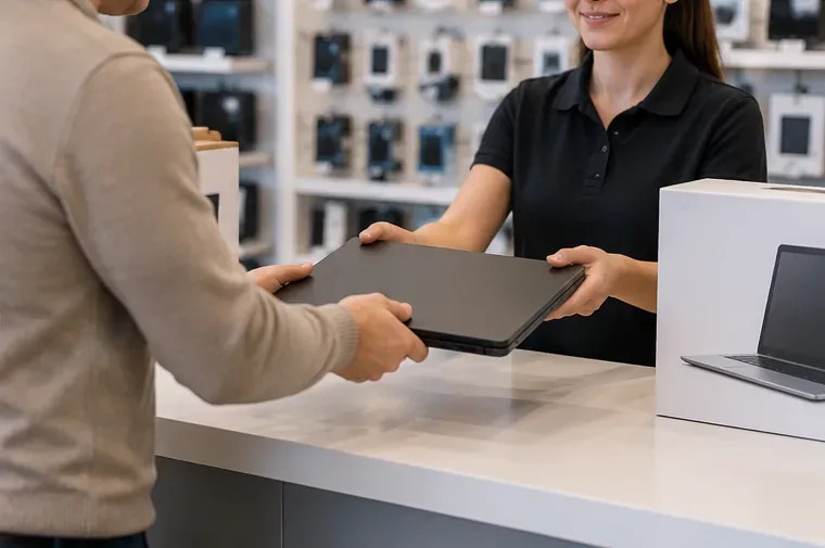 Cliente entregando un portátil usado en el mostrador de una tienda de electrónica