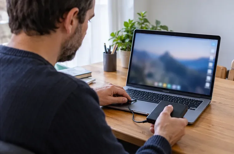 Una persona conecta un disco externo a un portátil para guardar archivos antes de retirarlo.