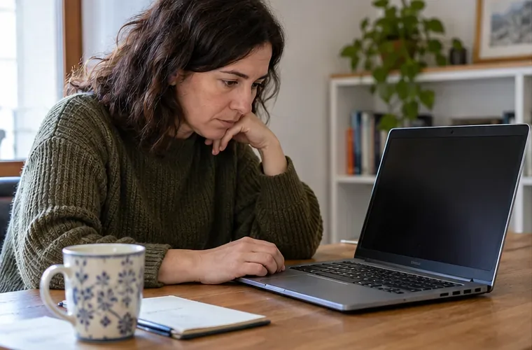 Una mujer comprueba un portátil abierto y apagado en una mesa de casa.