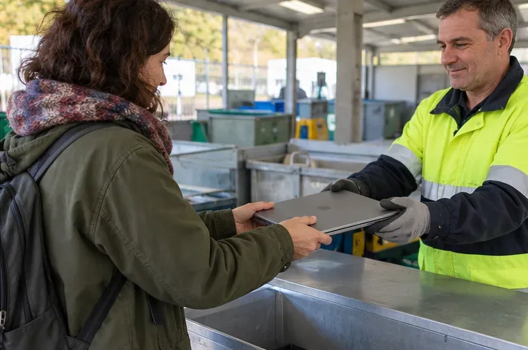 Una usuaria entrega un portátil cerrado a un trabajador en un punto limpio genérico.