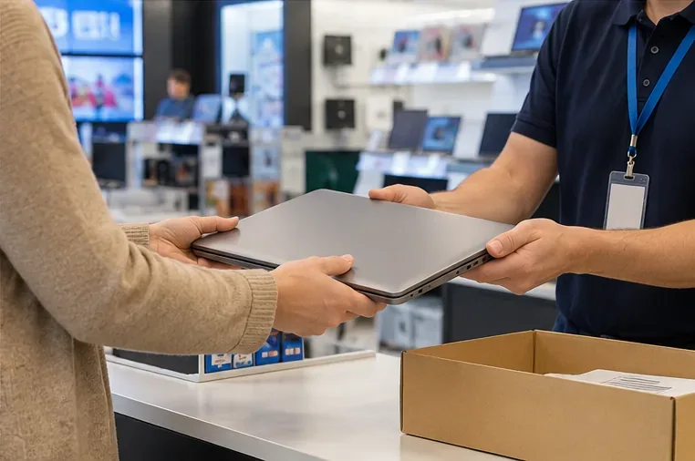 Una persona entrega un portátil usado a un empleado en el mostrador de una tienda de electrónica como parte de un sistema de recogida de aparatos eléctricos.