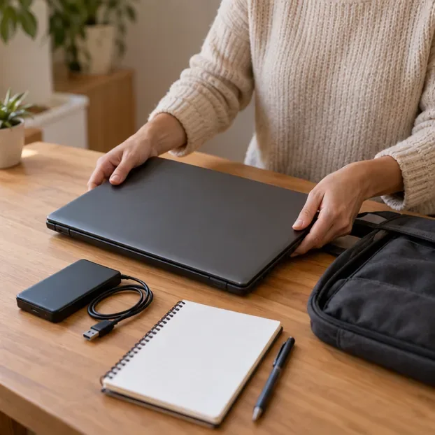 Un portátil cerrado y apagado sobre una mesa junto a un dispositivo de copia y una funda de transporte