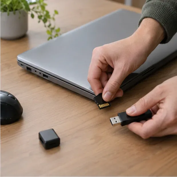 Manos retirando una tarjeta SD y accesorios USB de un portátil apagado