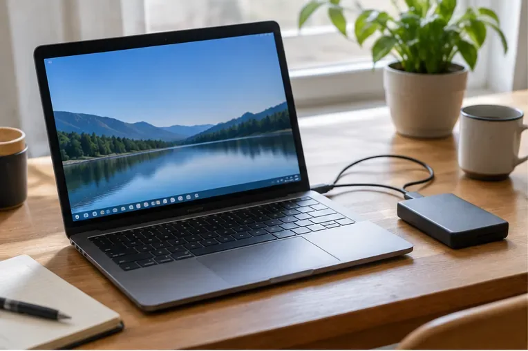 Portátil encendido sobre una mesa junto a una unidad externa preparada para copiar archivos