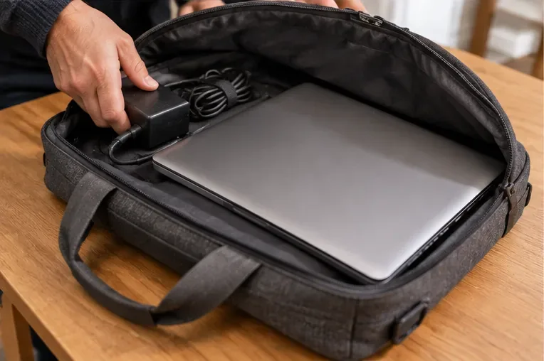 Portátil apagado y cargador colocados juntos dentro de una bolsa acolchada