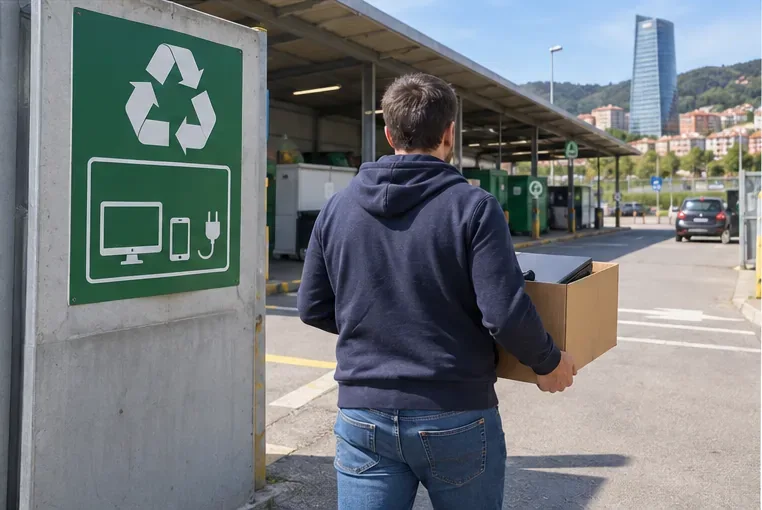 Persona entrando en un centro de reciclaje con una caja que contiene un portátil usado