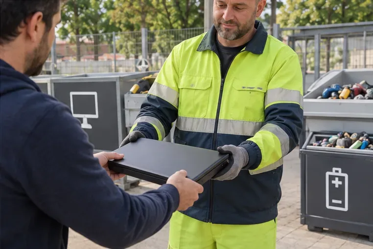 Usuario entregando un portátil cerrado a un trabajador de un punto de recogida de residuos electrónicos