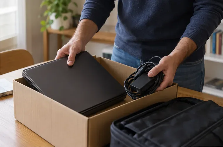 Portátil apagado y cargador colocados en una caja de cartón para transportarlos juntos al punto de recogida