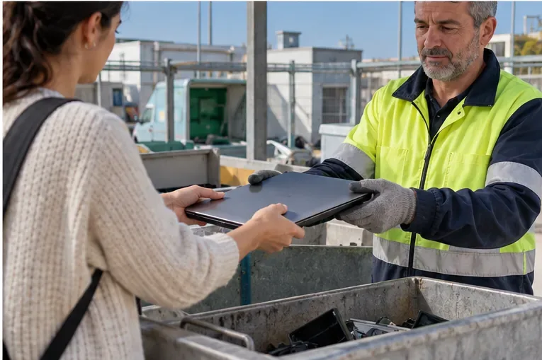 Una persona entrega un portátil apagado a un trabajador en un punto de recepción de aparatos electrónicos