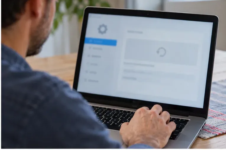 Una persona revisa la configuración de un portátil antes de restablecerlo