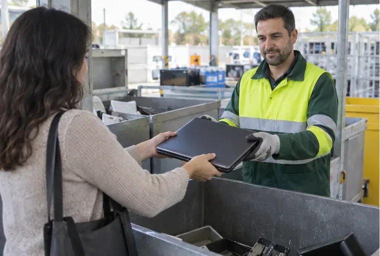 Ciudadana entregando un portátil directamente a un trabajador en una instalación de recogida de residuos electrónicos