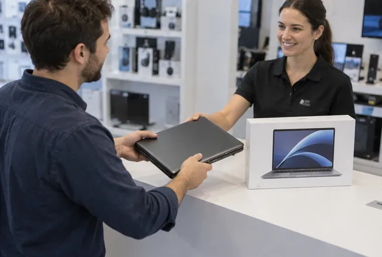Cliente entregando su portátil usado en el mostrador de una tienda al adquirir un ordenador nuevo