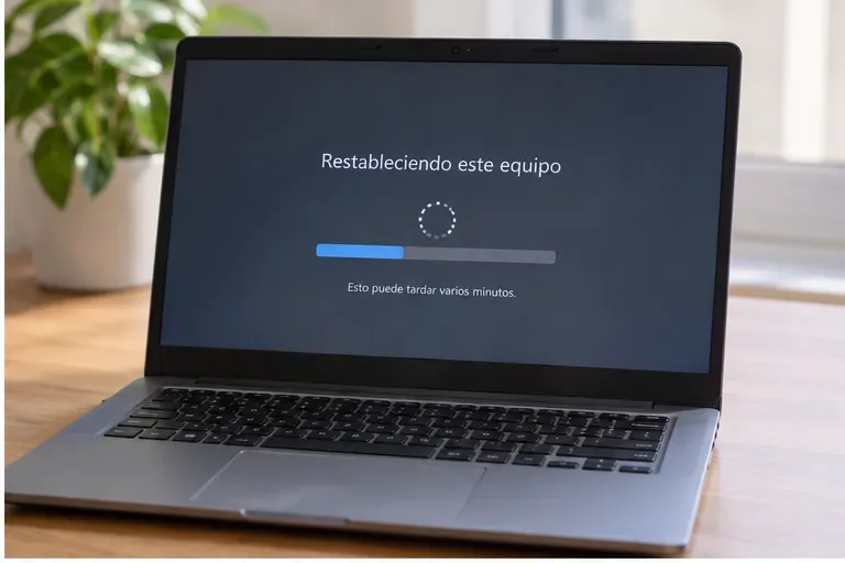 Portátil mostrando una pantalla de restablecimiento del equipo antes de su reciclaje