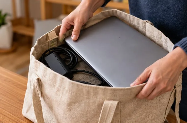 Portátil apagado y cargador colocados juntos en una bolsa reutilizable para llevarlos a un punto de recogida
