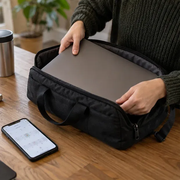 Un portátil apagado se guarda en una bolsa acolchada para llevarlo a un punto de recogida.