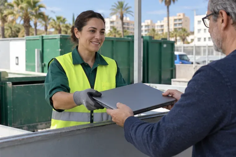 Persona entregando un portátil cerrado a una trabajadora con chaleco reflectante en un punto neutral de recogida de residuos electrónicos
