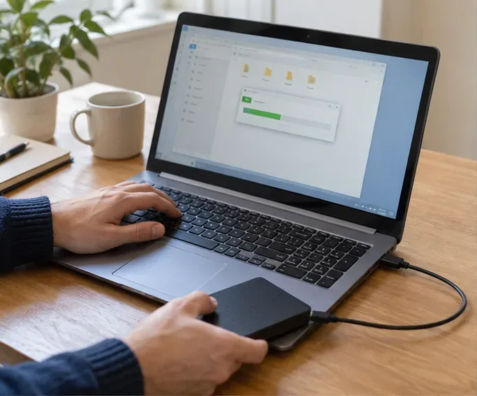 Persona copiando archivos de un portátil a un disco duro externo antes de entregarlo para reciclaje