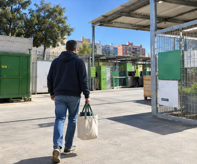 Persona entrando en una instalación de recogida de residuos con una bolsa que contiene un portátil usado