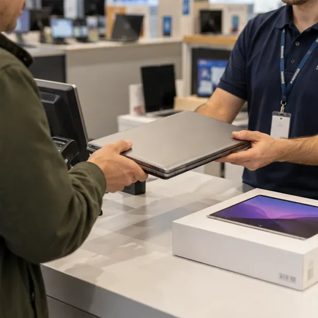 Cliente entregando un portátil viejo a un empleado de una tienda de electrónica