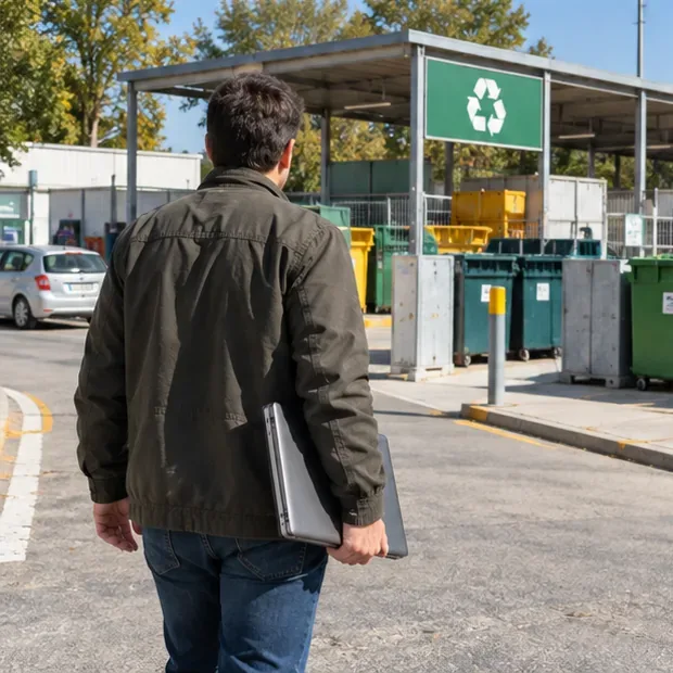 Persona llegando con un portátil cerrado a una instalación de reciclaje con contenedores separados