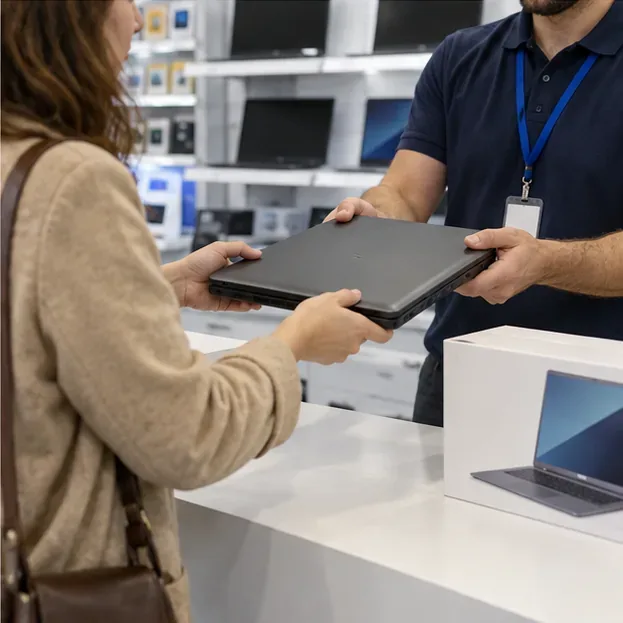 Cliente entregando un portátil usado en el mostrador de una tienda de electrónica al adquirir otro equipo