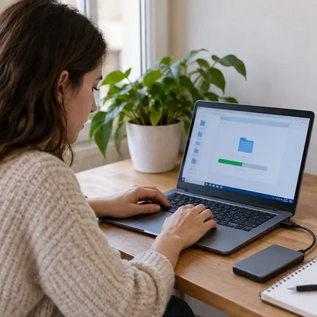 Persona haciendo una copia de seguridad de archivos de un portátil antes de entregarlo como residuo electrónico