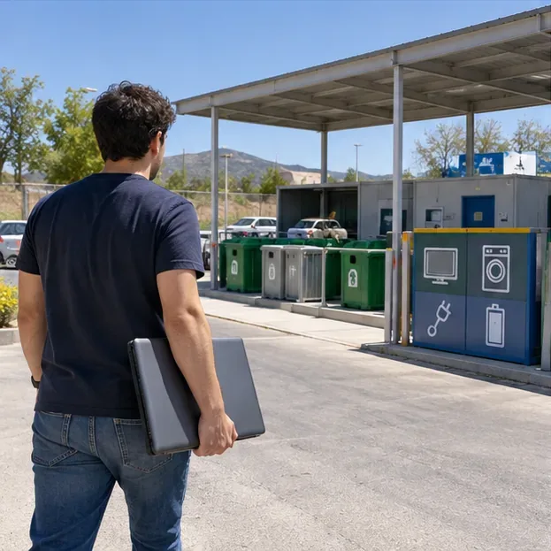 Persona llevando un portátil cerrado a una instalación de recogida selectiva con contenedores para aparatos eléctricos