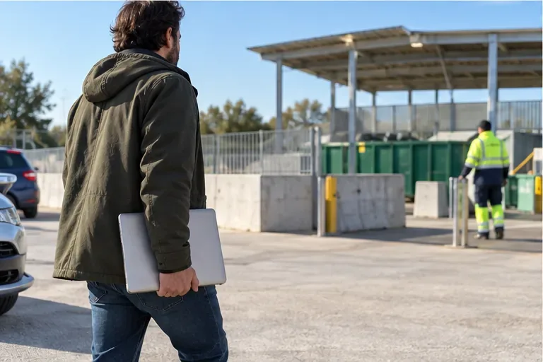 Persona lleva un portátil cerrado hacia la zona de recepción de un centro municipal genérico de reciclaje.