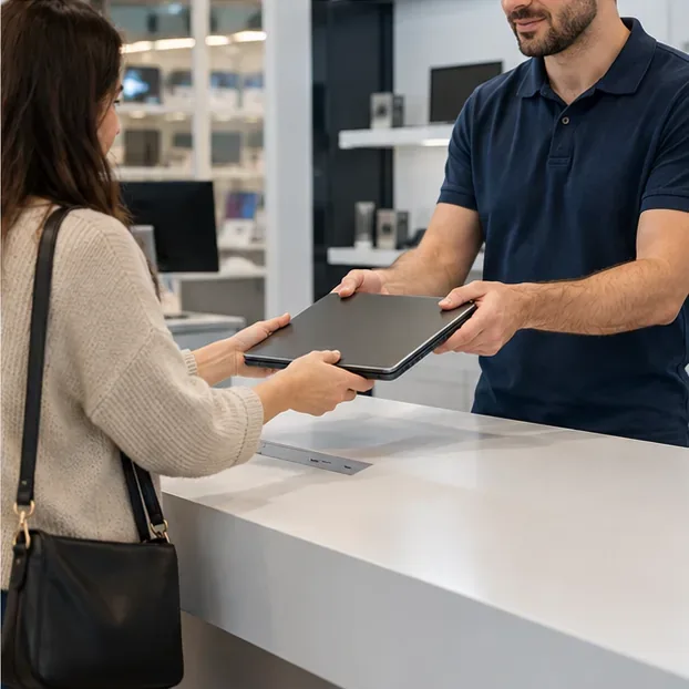 Cliente entregando un portátil usado a un empleado en el mostrador de una tienda de electrónica