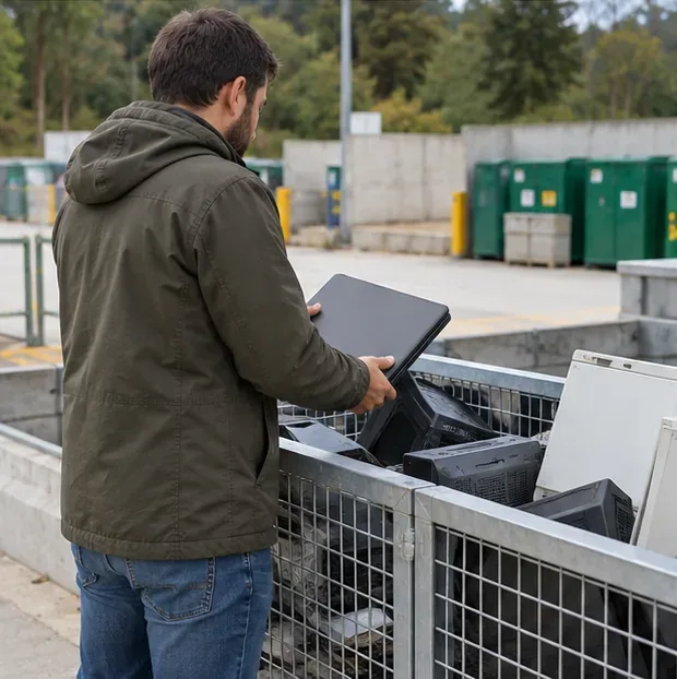 Persona entregando un portátil en una zona de recogida de aparatos eléctricos y electrónicos de un punto limpio