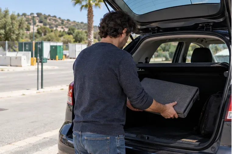 Una persona coloca un portátil dentro de una funda protectora en el maletero de un coche para llevarlo a un punto de reciclaje