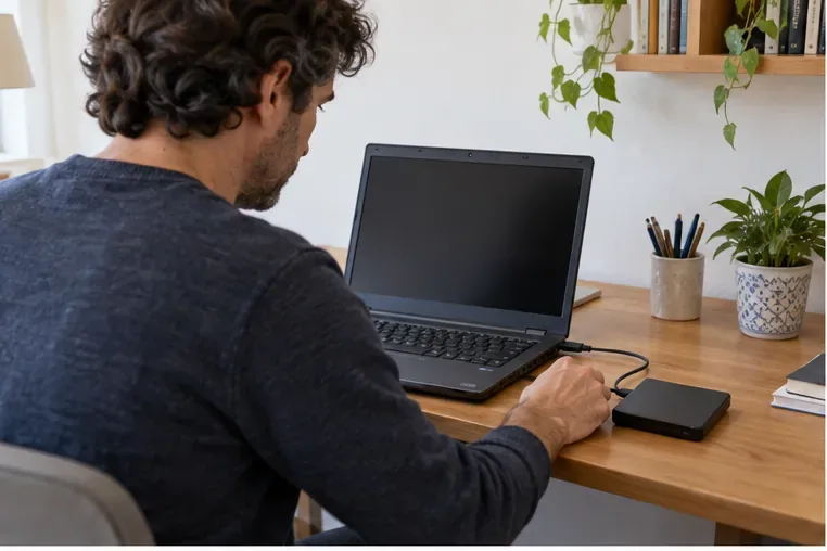 Una persona conecta un disco externo a un portátil antiguo para guardar archivos antes de entregarlo
