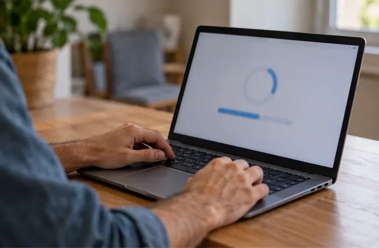 Manos usan un portátil mientras se prepara para borrar sus archivos personales antes de entregarlo