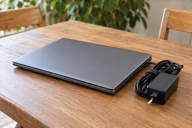 Un portátil cerrado y su adaptador de corriente colocados juntos sobre una mesa.