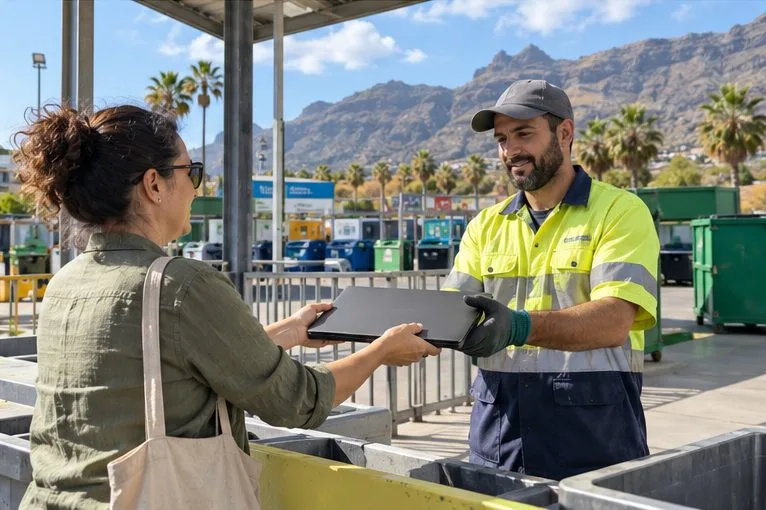 Una vecina entrega un portátil cerrado a un trabajador en una instalación municipal de recogida selectiva.