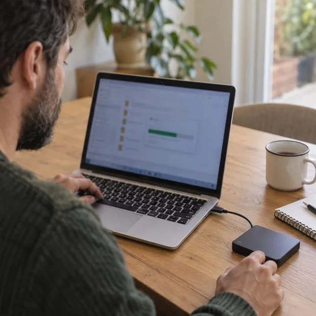 Una persona trabaja ante un portátil y conecta una unidad de almacenamiento externa para copiar archivos.