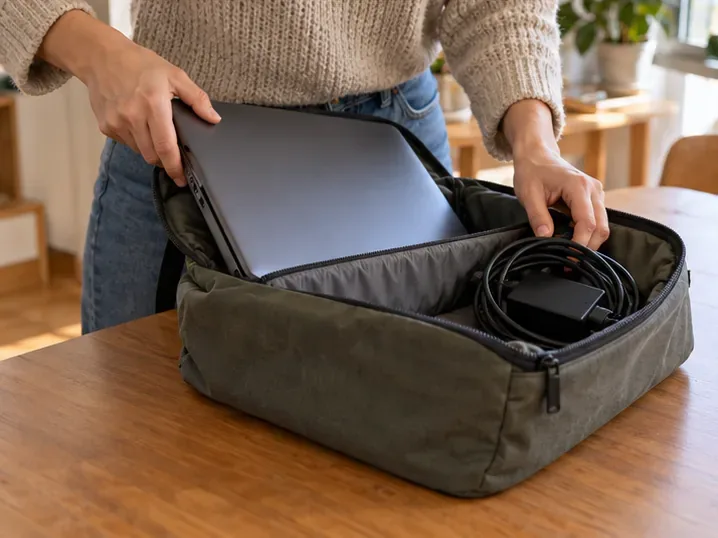 Un portátil apagado y cerrado con el cargador, protegido dentro de una bolsa acolchada para transportarlo