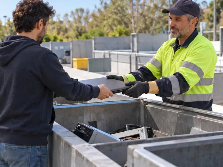 Un operario con chaleco de alta visibilidad recibe un portátil junto a contenedores de residuos electrónicos
