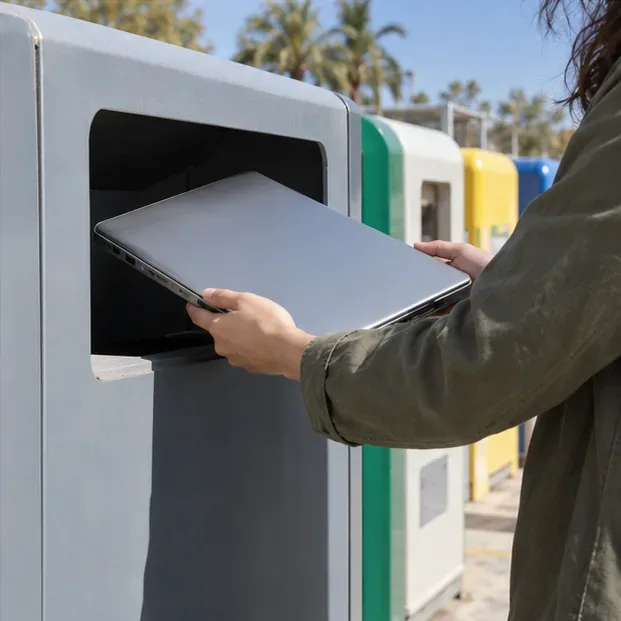 Una persona deposita un portátil cerrado en un contenedor para pequeños aparatos eléctricos