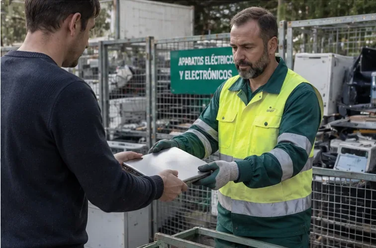 Un usuario entrega un portátil a un trabajador junto a la zona destinada a aparatos eléctricos y electrónicos