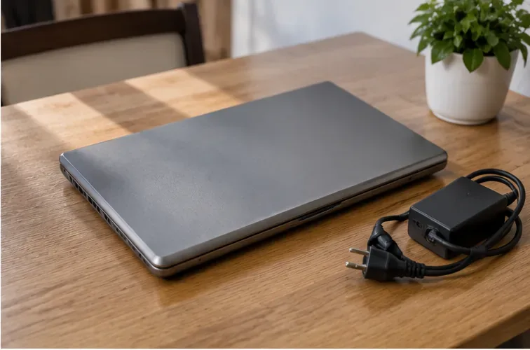 Un portátil cerrado junto a su cargador, preparado sobre una mesa para llevarlo a un punto limpio