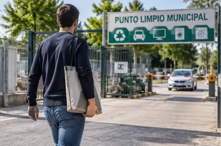 Una persona llega con un portátil protegido en una bolsa a la entrada de un punto limpio municipal