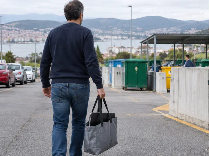 Persona llegando con un portátil dentro de una bolsa reutilizable a una instalación de recogida de residuos