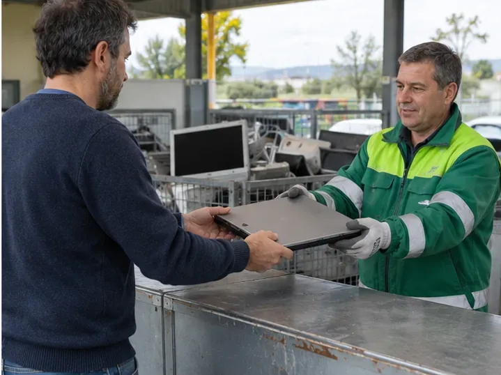 Usuario entregando un portátil cerrado a un trabajador de una instalación de reciclaje electrónico