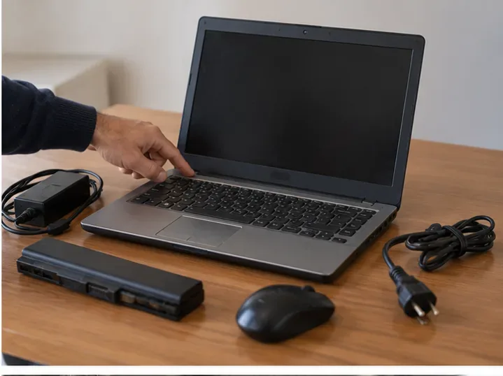 Portátil apagado junto a su cargador, batería extraíble y accesorios separados sobre una mesa