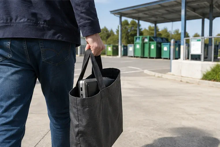 Persona transportando un portátil dentro de una bolsa reutilizable al acercarse a una instalación de reciclaje