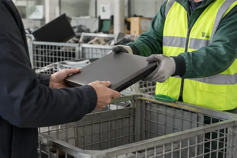 Persona entregando un portátil cerrado a un trabajador de una instalación de recogida de aparatos electrónicos