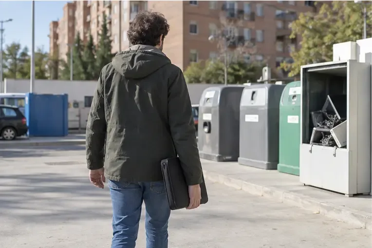Una persona lleva un portátil cerrado dentro de una funda hacia una zona municipal de recogida