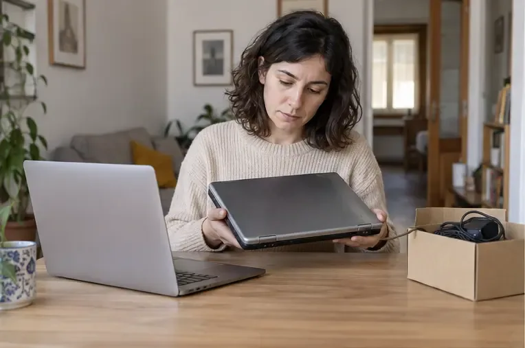 Una mujer examina un portátil antiguo junto a otro ordenador y una caja de accesorios en una vivienda