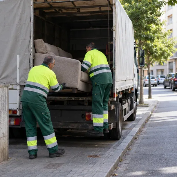 Operarios cargan un sofá en un camión de recogida sin logotipos visibles.